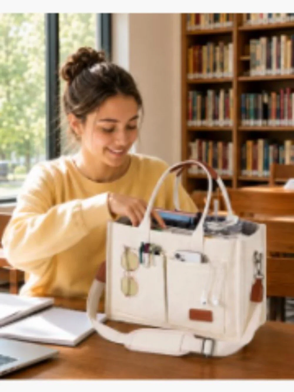 Canvas Tote Bag with Zipper Closure and Multiple Compartments for Work College